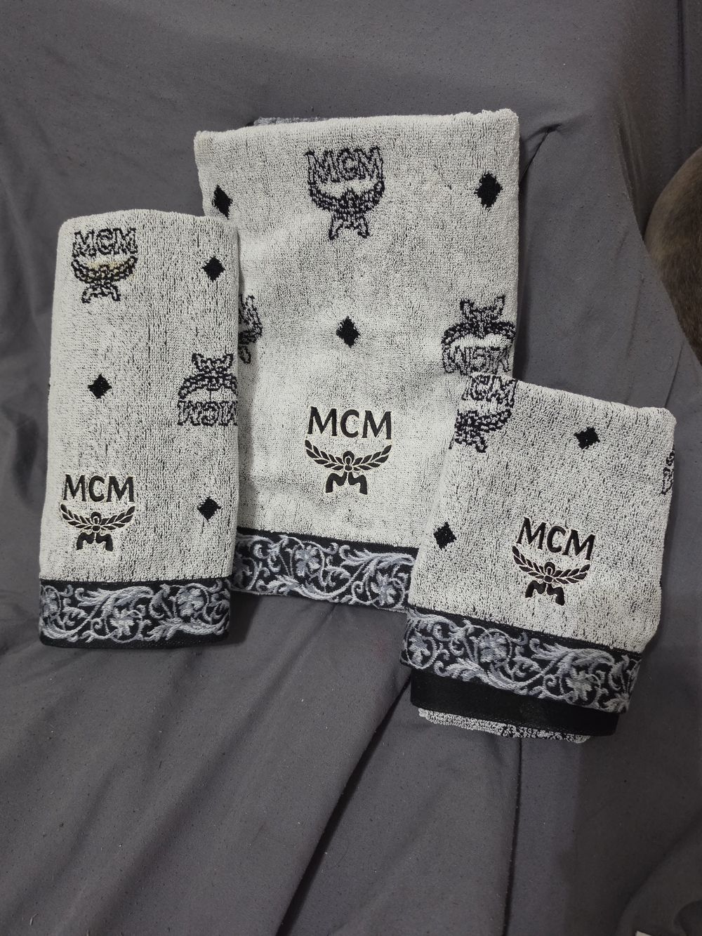 MCM Logo Embroidered Towel Set in Grey and Black